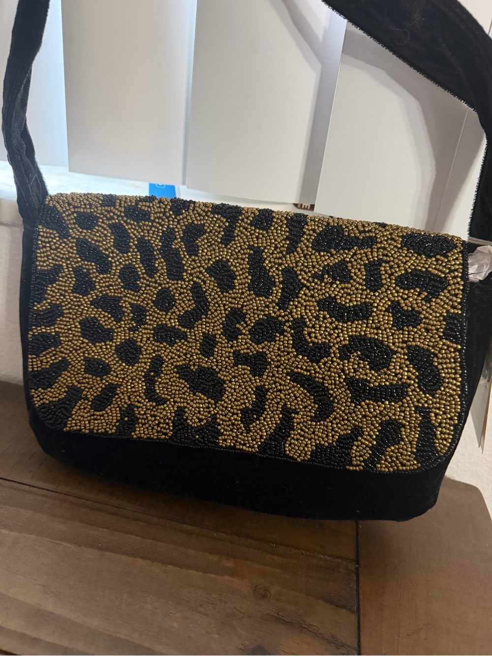 A new day black velour leopard print beaded shoulder bag new purse - Picture 2 of 6